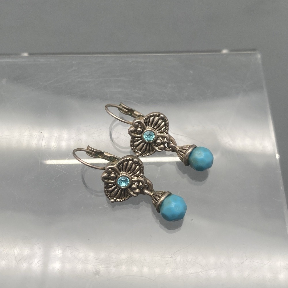 Vintage Silver Tone Art Nouveau Earrings Blue Rhinestone Faux Turquoise Dangle